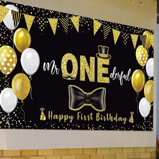 Black/Gold Mr ONEderful Happy First Birthday Banner 72.8"W x 43.3"H
