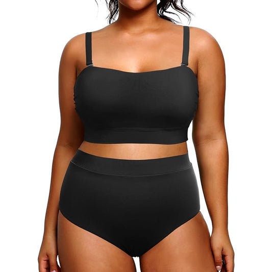 Tempt Me Plus Size High Waisted Bikini Bandeau Two Piece, Black 12 Plus (12W)