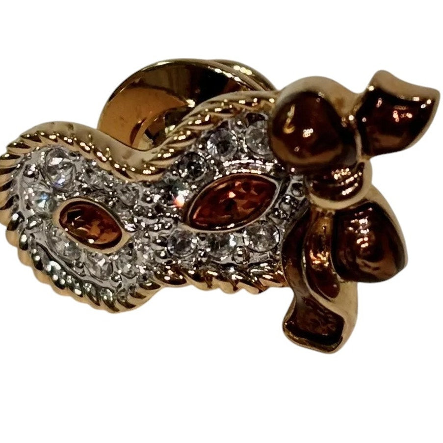 Swarovski Crystal Amber Stone Venetian Masquerade Mask Gold Brooch, Lapel Pin