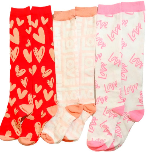 3 Pairs Jeyiour Heart/Love/Sweatheart Knee-High Socks, One Size (Shoe Size 5-9)