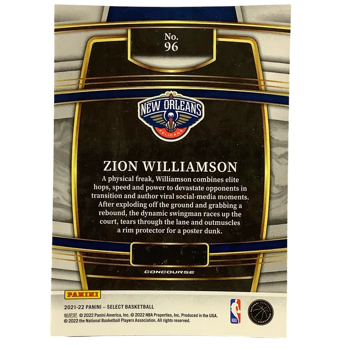 Zion Williamson, New Orleans Pelicans, Card #96, 2021-22 NBA Panini Select