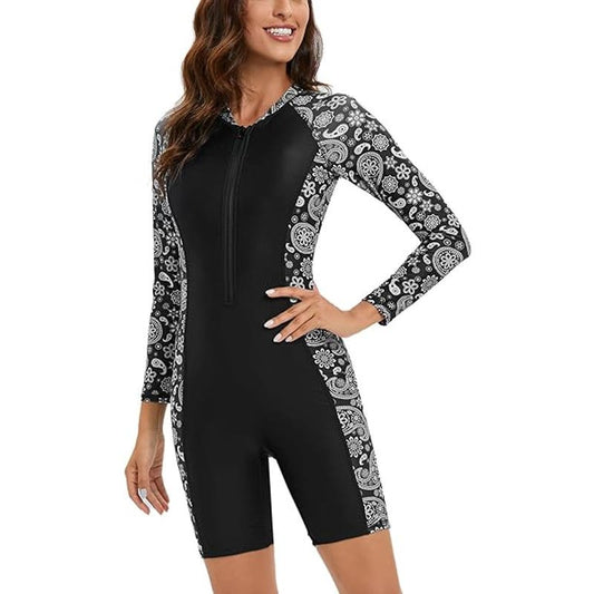 Rash Guard 1-Piece Long Sleeve Printed Surfwear w/ Zipper Crew Neck & Boyshorts