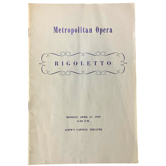 Rigoletto Playbill Apr 27 1959, Loew's Theater, Broadway NYC, Metropolitan Opera