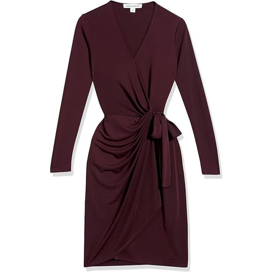 Women's Long Sleeve Classic Wrap Dress, Burgundy, Large, Poly/Spandex Jersey