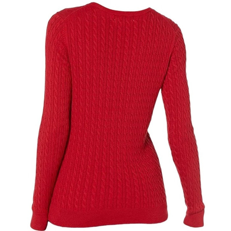 Women's Lightweight Long-Sleeve Cable Crewneck Sweater, Red, Small