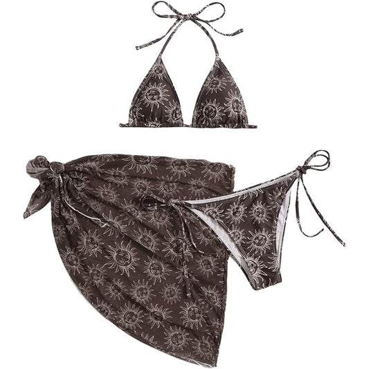 SOLY HUX 3 Piece Sun Print, Brown Halter Triangle Tie Side Bikini w/ Cover Up, M