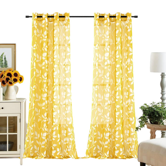 Yellow Sheer Curtain Panels, 52"W x 84"L (2 Panels) Yellow and White