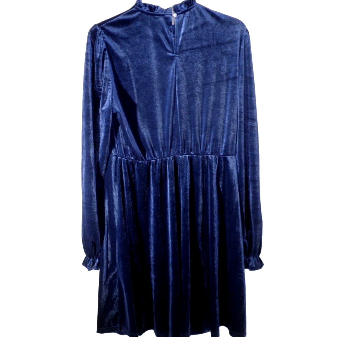 Women's Medium, Blue Velvet Dress Elastic Waistline, Long Sleeved Tunic Dress