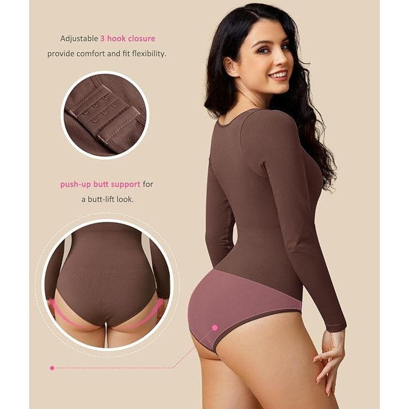 BRABIC L/S Bodysuit, Shapewear Seamless Round Neck Body Shaper, Brown, XL (12)