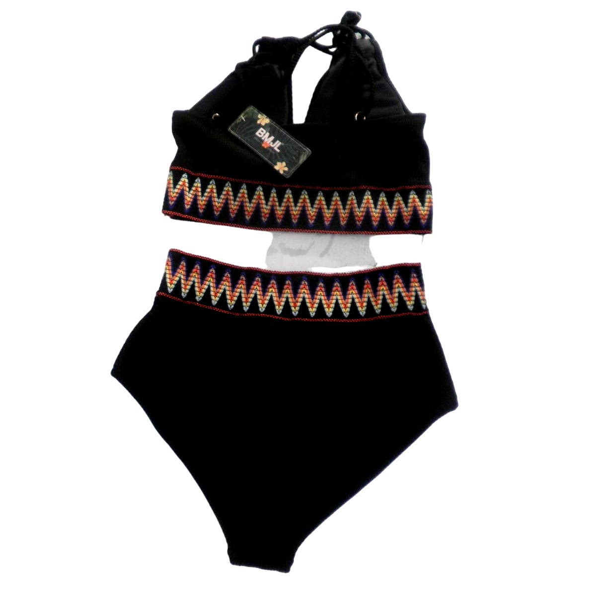 High Waisted Bathing Suits Ribbed Two Piece Bikini Set, V-Neck Push Up, SM, Black