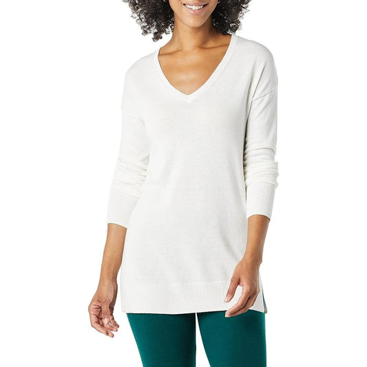 Women's Lightweight Long-Sleeve V-Neck Tunic Sweater, White, Medium