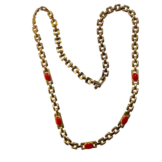 Chunky 18" Gold Tone Coral Enamel Link Chain Necklace - Vintage 1970s