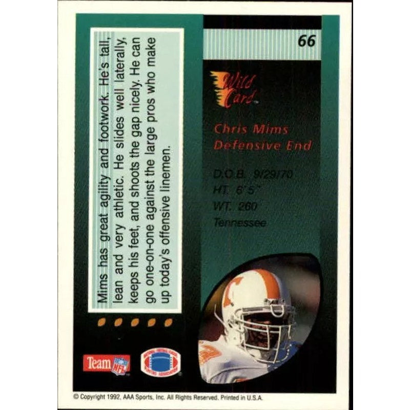 1992 Team NFL, AAA Sports, Inc., Wild Card Chris Mims #66 Rookie RC