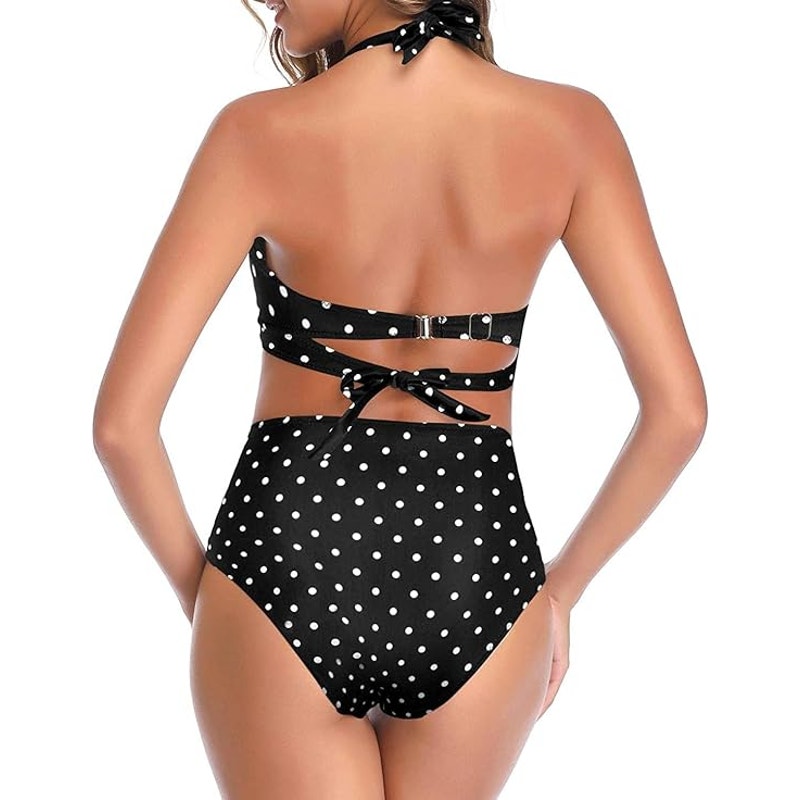 Tempt Me Two Piece Vintage Retro Halter Ruched High Waist Bikini Set, M (8-10)