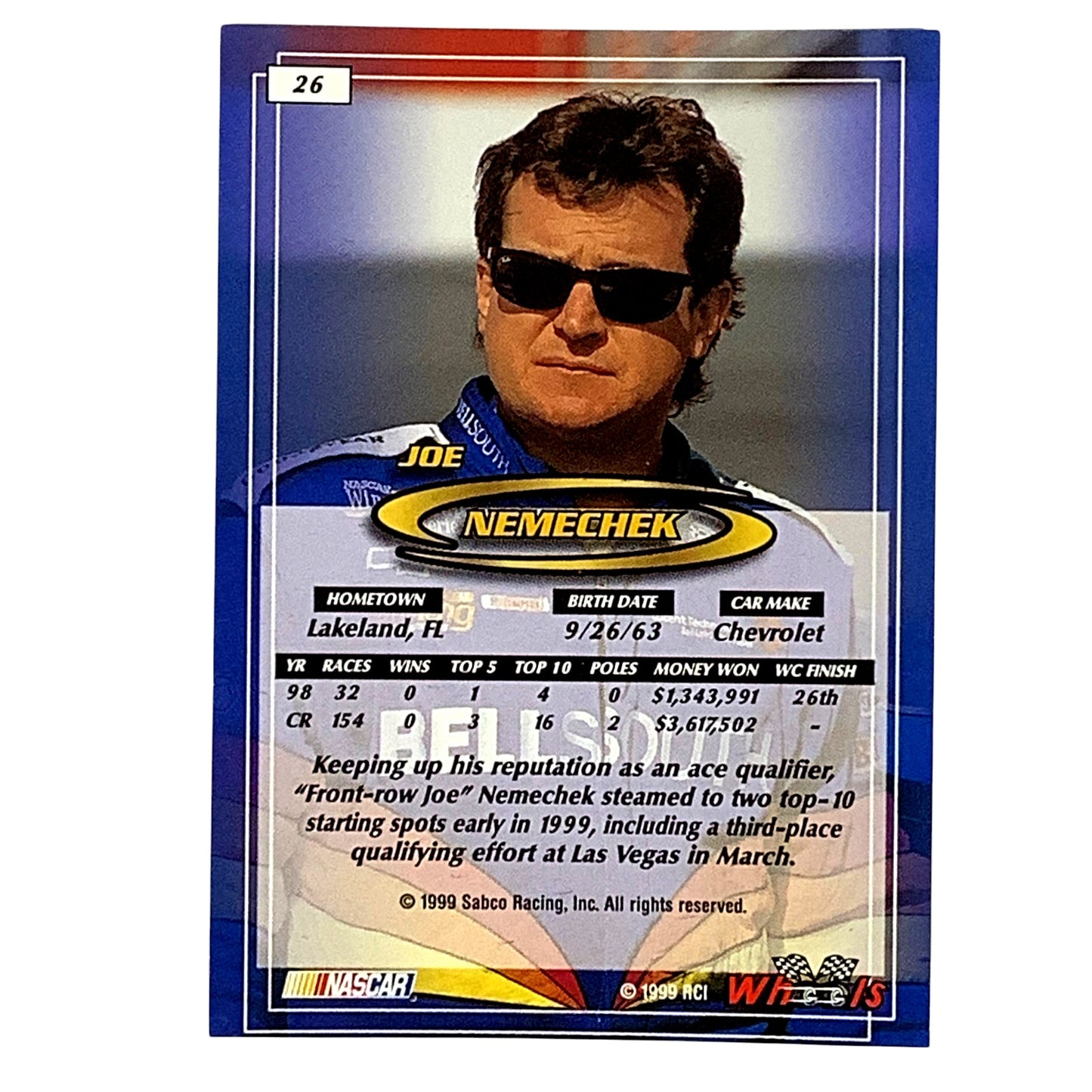 Joe Nemechek, Sponsor: BellSouth, Card 26, 1999 Wheels NASCAR Winston Cup, NM+