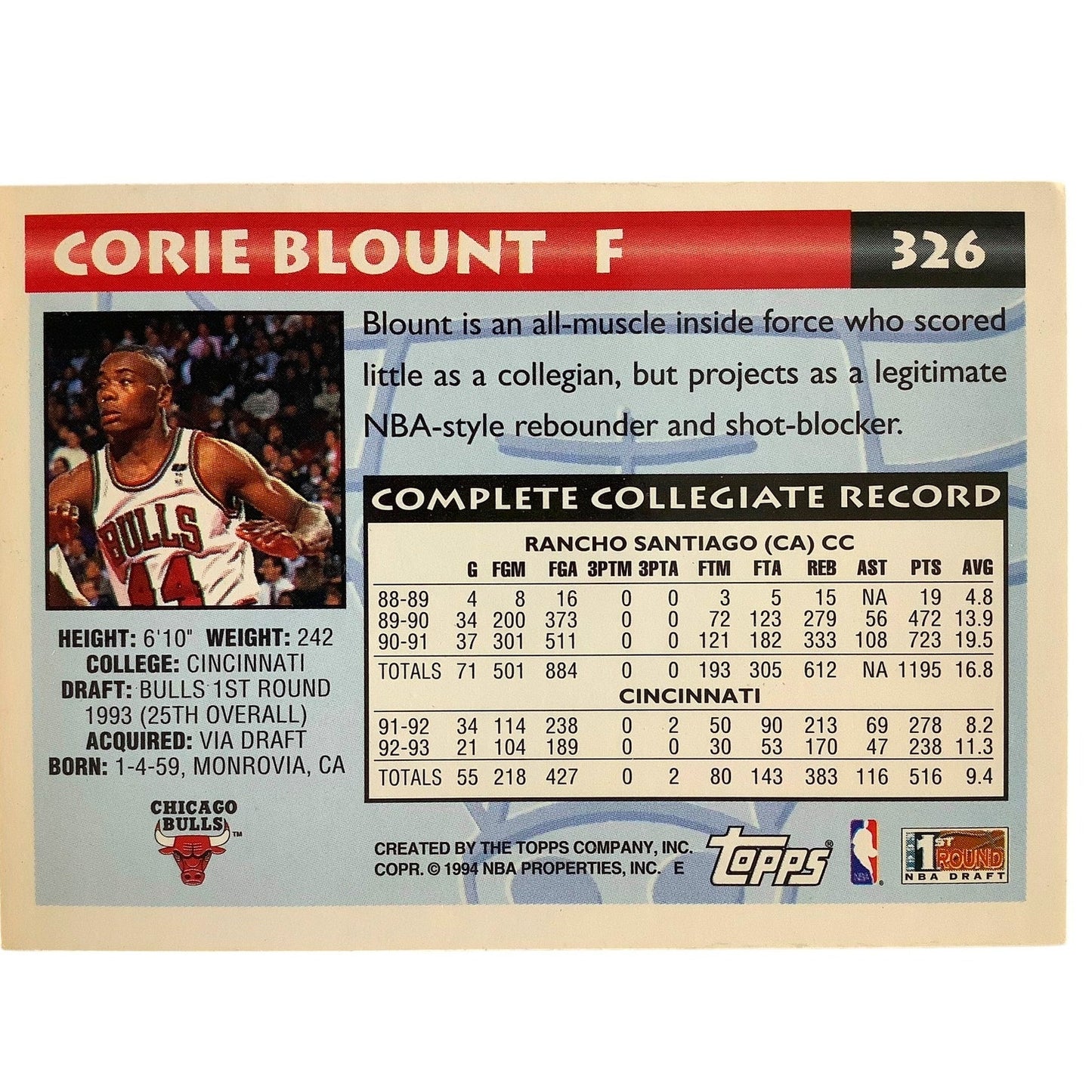 Corie Blount, Chicago Bulls, 1994 Topps First Round NBA Draft Card 326, EXC