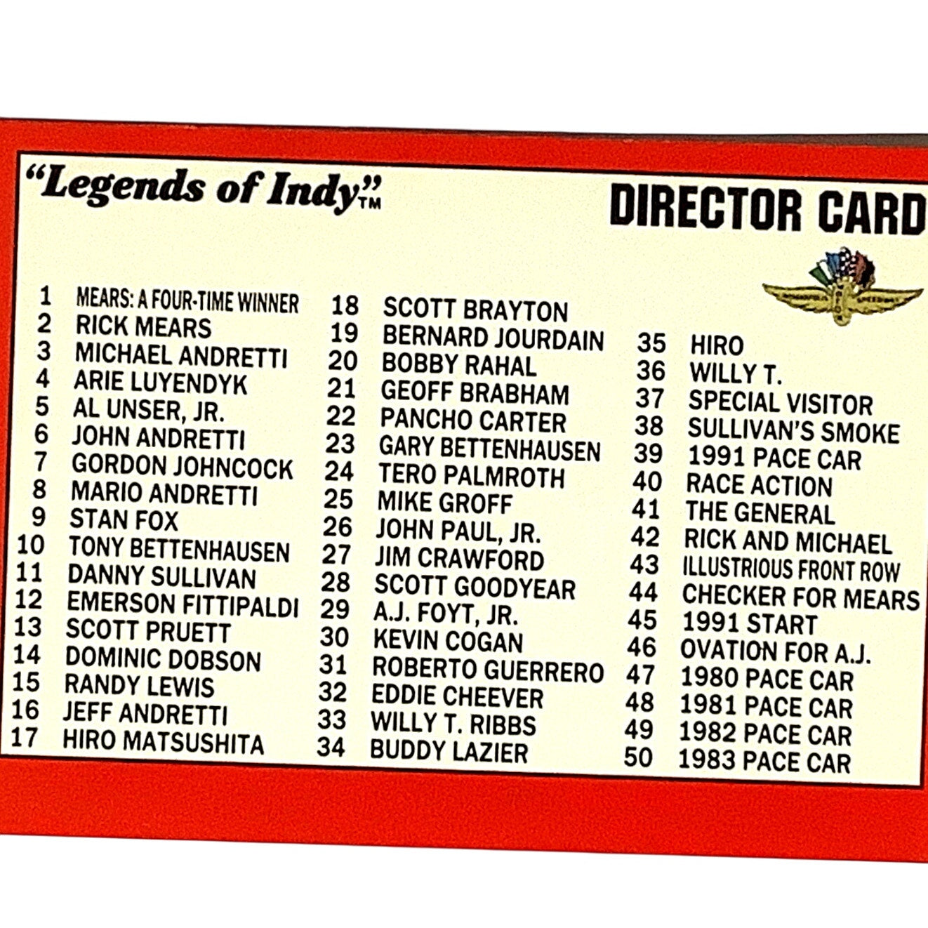 Director Card / Checklist. 1992 Legends of Indy, Card 100, NM+