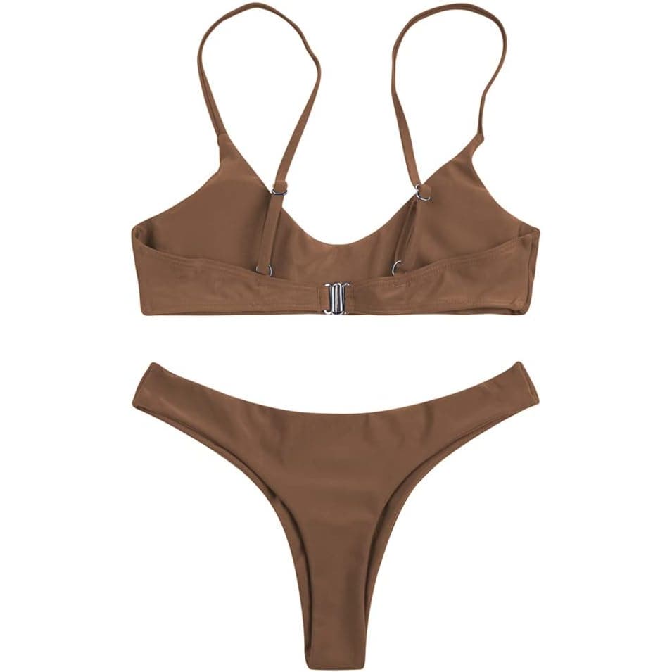 SherryDC Solid Scoop Neck Push up Padded Brazilian Thong Bikini, Brown, L