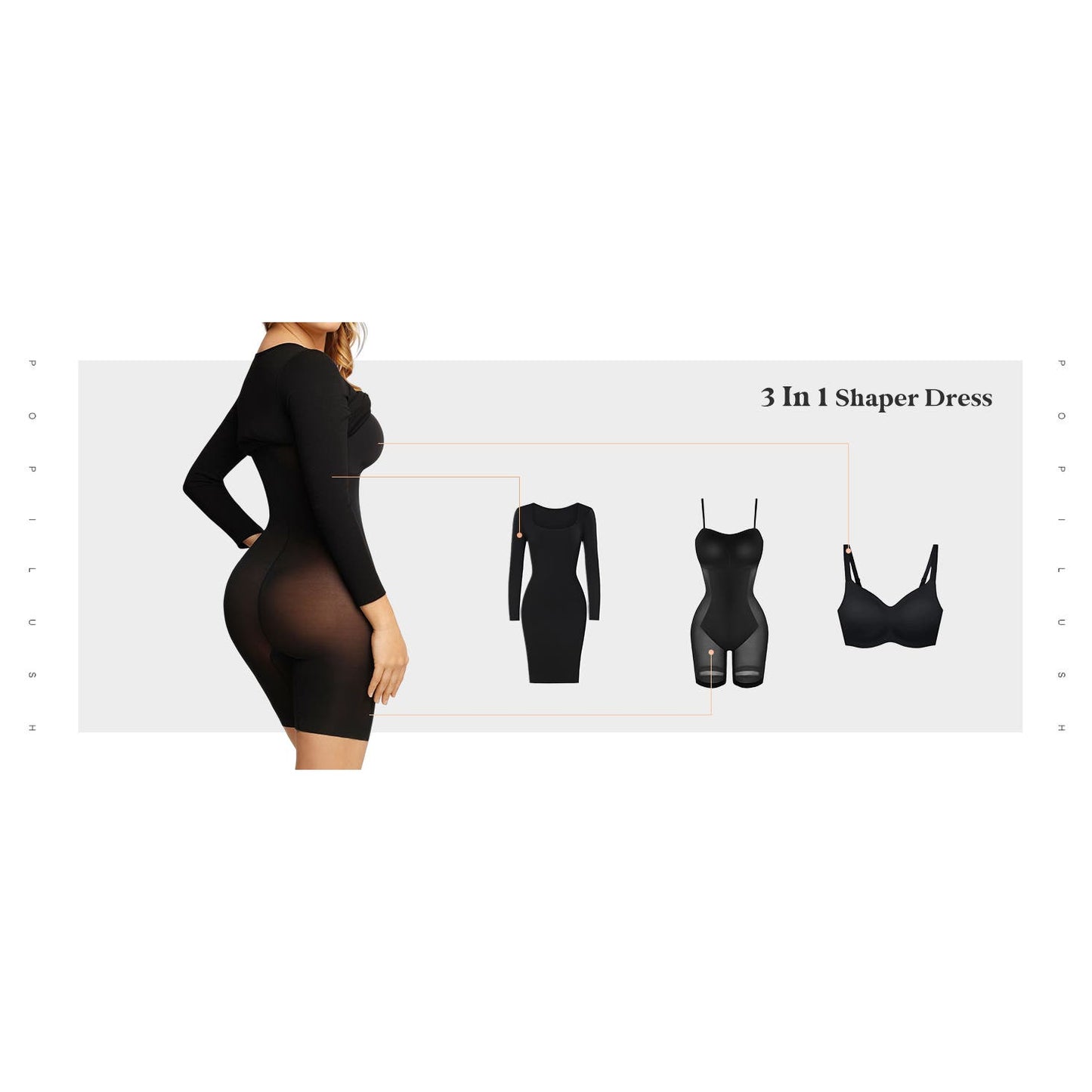 Popilush L/S Shaper Dress Built in Tummy Control Shapewear Midi Dress, SM (4-6)