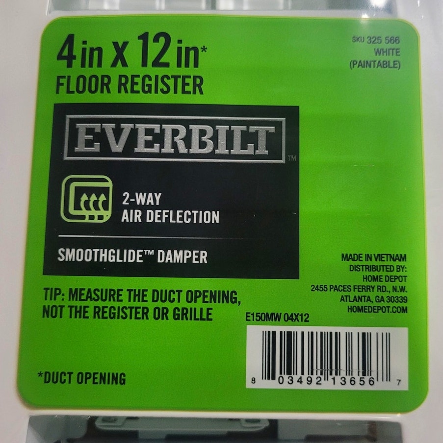 Everbilt Steel Floor Register 4" x 12" 2-Way w/ Damper, White, #325566