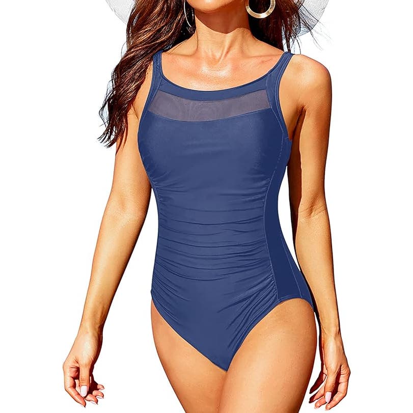 Tempt Me Women One Piece Mesh Swimsuit Tummy Control Swimwear Solid Blue XL