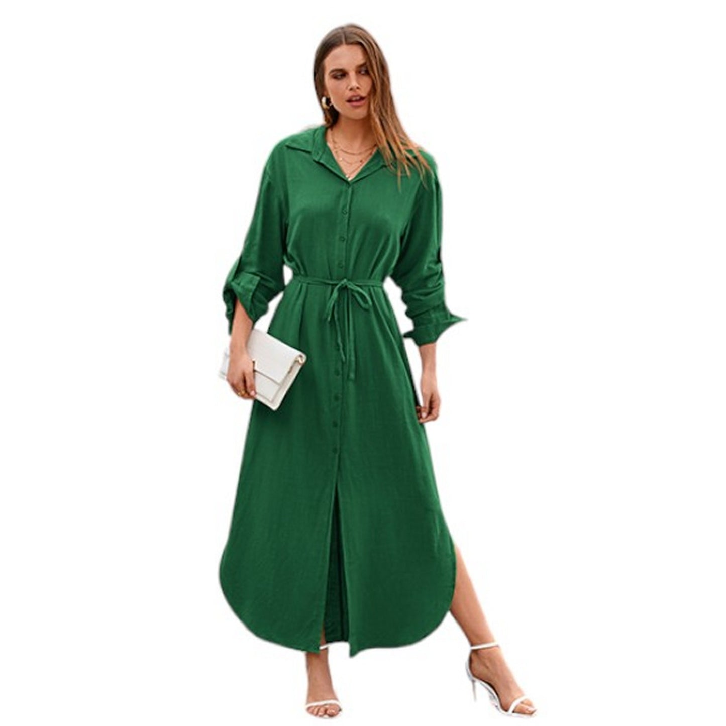 BTFBM Casual L/S Maxi Dress Button Down Shirt Dress, Side Slit Long Linen, LRG