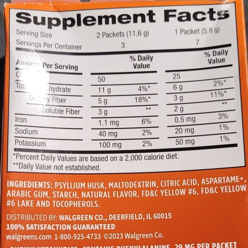 Walgreens Fiber Powder Stick Packs, Orange 7 CT, Expiration Date 09-31-2026