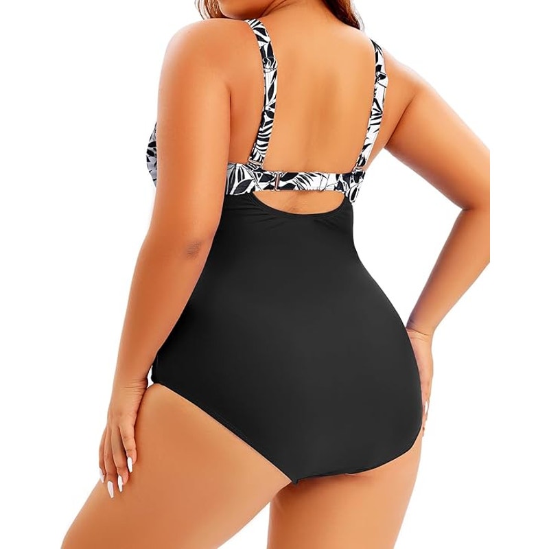 Aqua Eve One Piece Tummy Control Cutout Swimwear, Black and Leaf, 18W