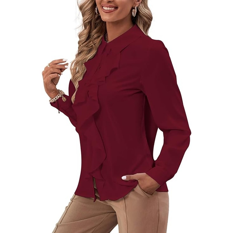 LYANER Collar Neck Button Down Ruffle Front L/S  Blouse Shirt Top, S (4-6)