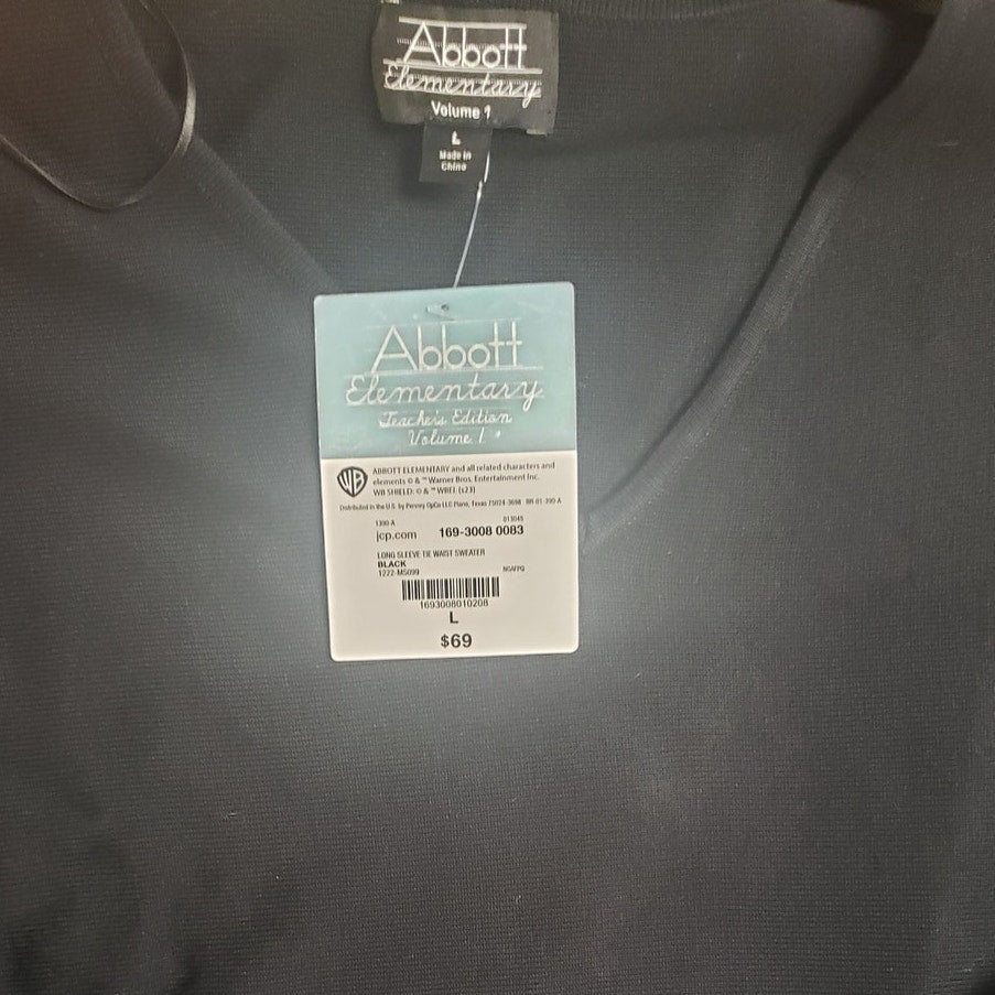 WB Abbott Elementary L/S Tie Waist Sweater Dress, Black, Large (12-14)