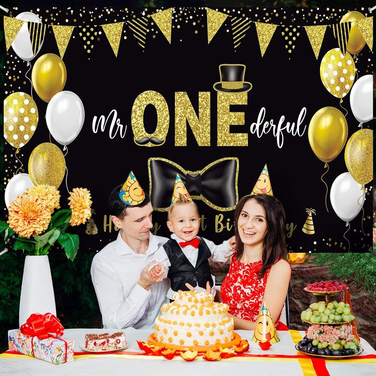 Black/Gold Mr ONEderful Happy First Birthday Banner 72.8"W x 43.3"H