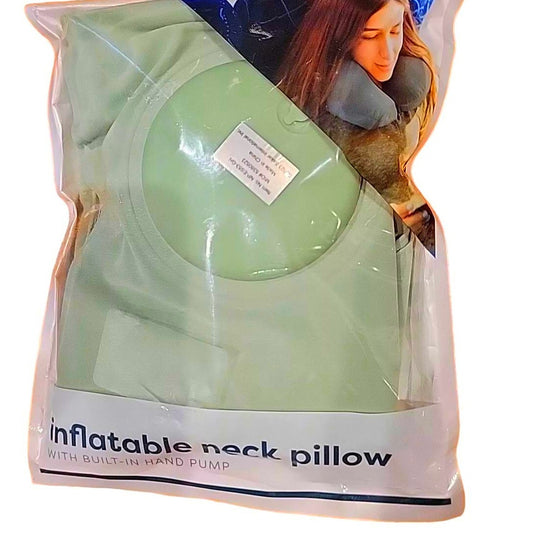 Vivitar Inflatable Neck Pillow w/ Built-in Hand Pump, GRN - Car / Plane / Train