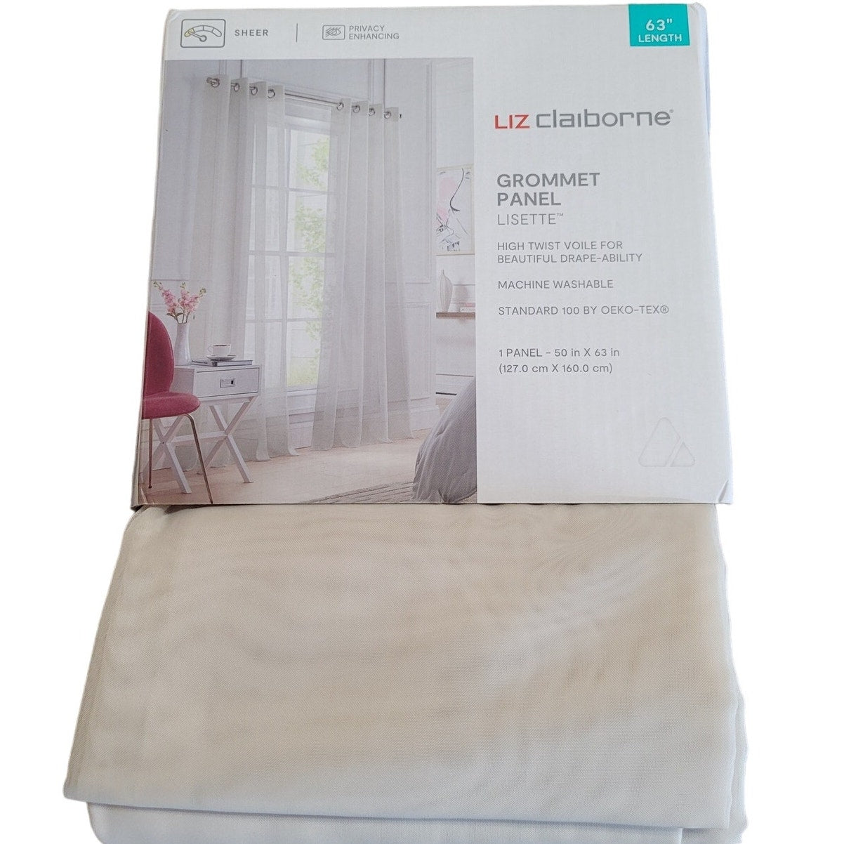 Liz Claiborne Lisette Sheer Grommet Top Single Curtain Panel, Ivory, 50W x 63L