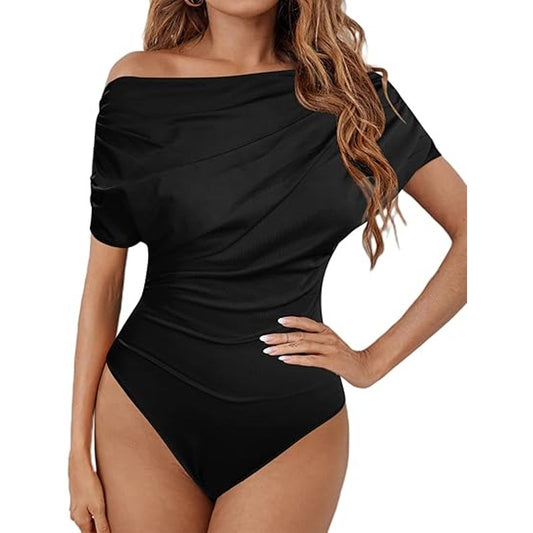 LilyCoco Off The Shoulder Bodysuit S/S Ruched Bodycon One Piece Tops Black, XL