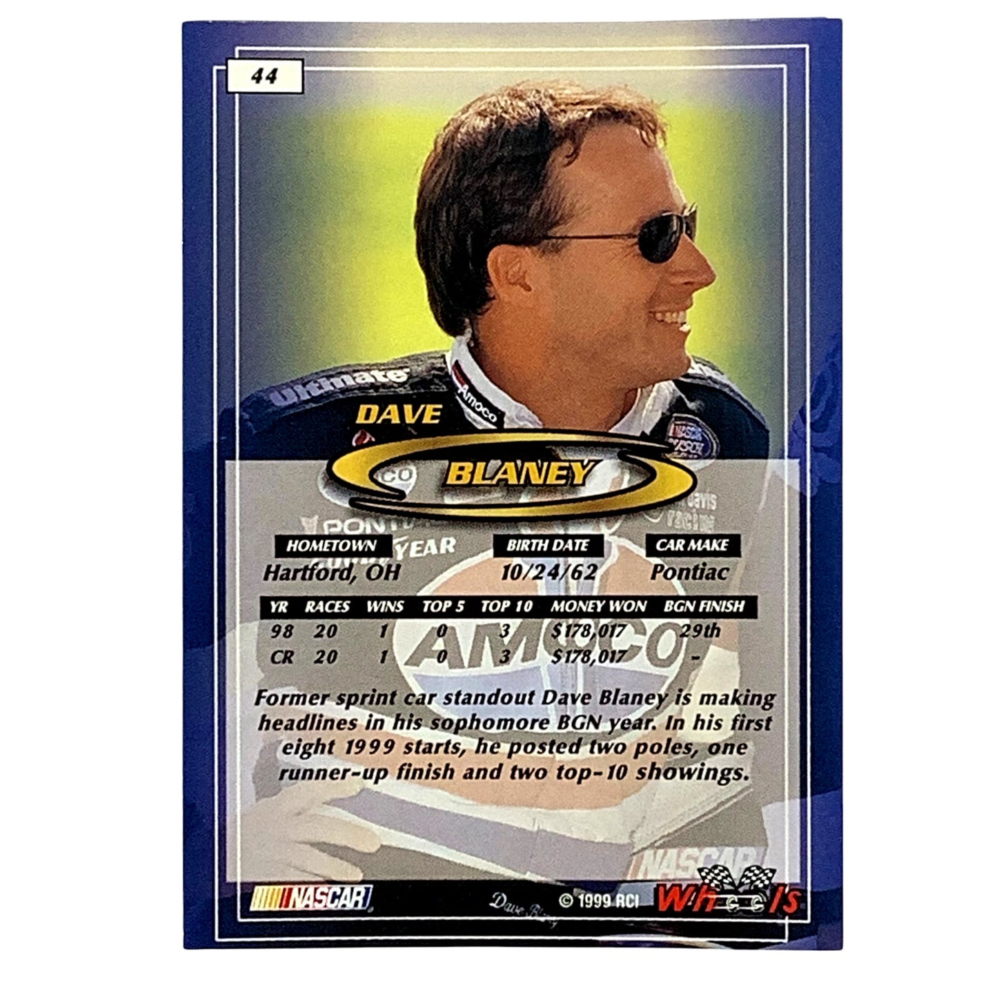 Dave Blaney, Sponsor: Amoco, Card 44 1999 Wheels NASCAR Winston Cup, NM+