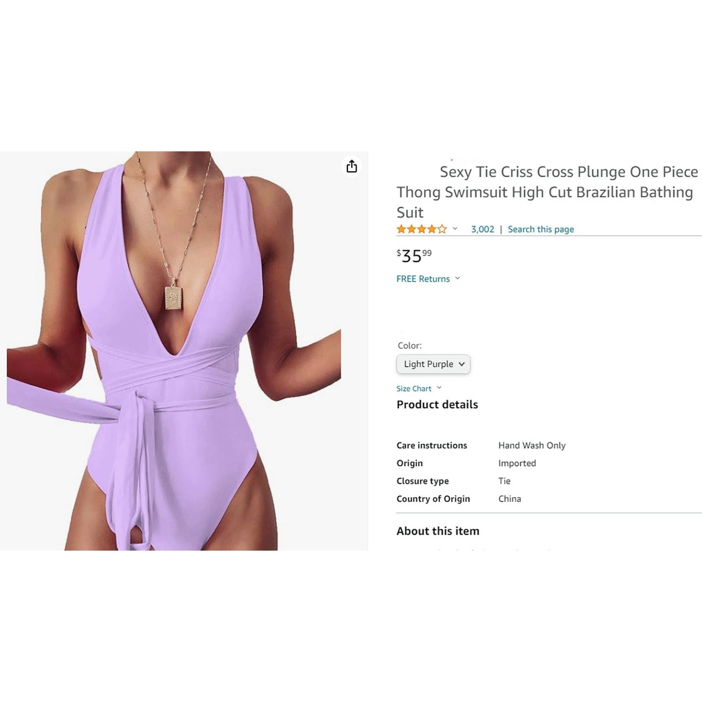 Sexy Tie Criss Cross Plunge One Piece Thong Swimsuit High Cut Brazilian Suit, XL