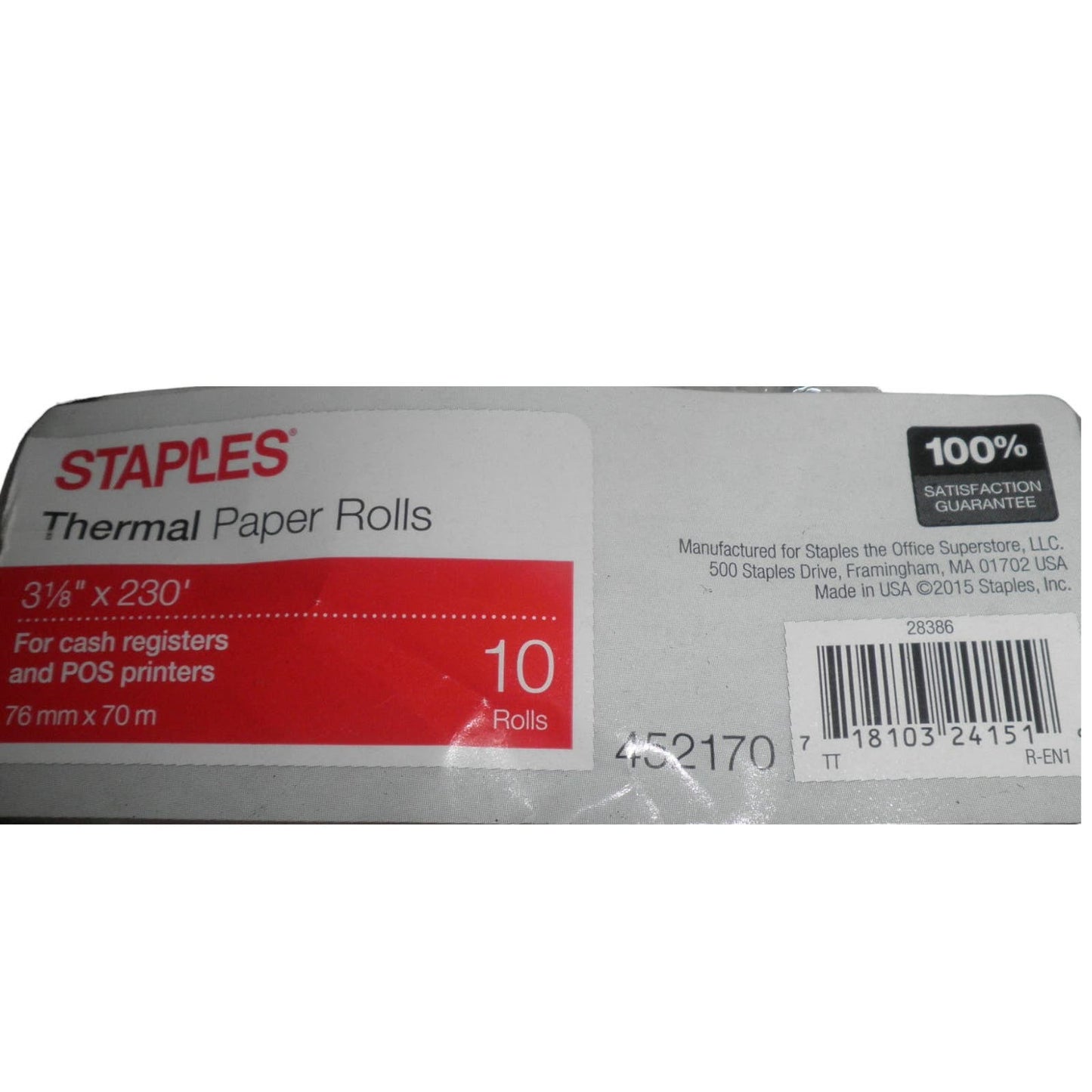 Staples Thermal 3 1/8" X 230' Paper Rolls, 10/Pack (452170)