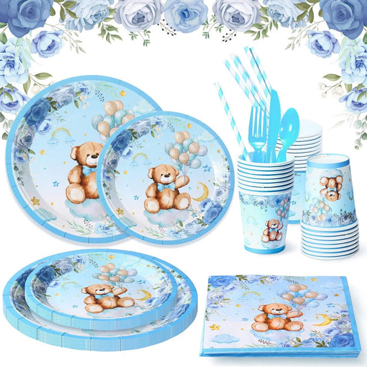 128 Pcs Bear Baby Shower, Boy's Birthday, Serving Set for 16 Guests