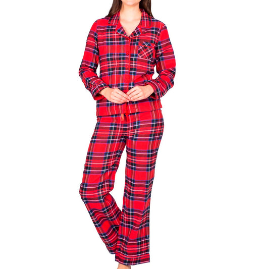 Blis Women's Sleep Long Sleeve Pajama Shirt and Pant Set, Navy Tartan Plaid, 3XL