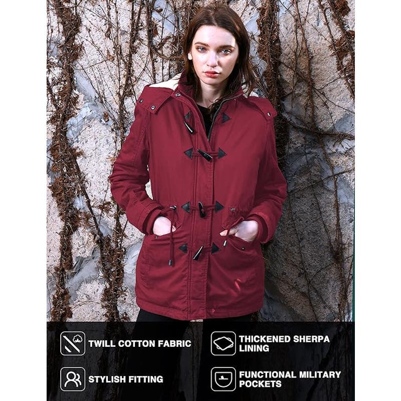Womens Winter Military Cotton Jacket Hooded Outwear Coat Claret, MD, 100% Cotton