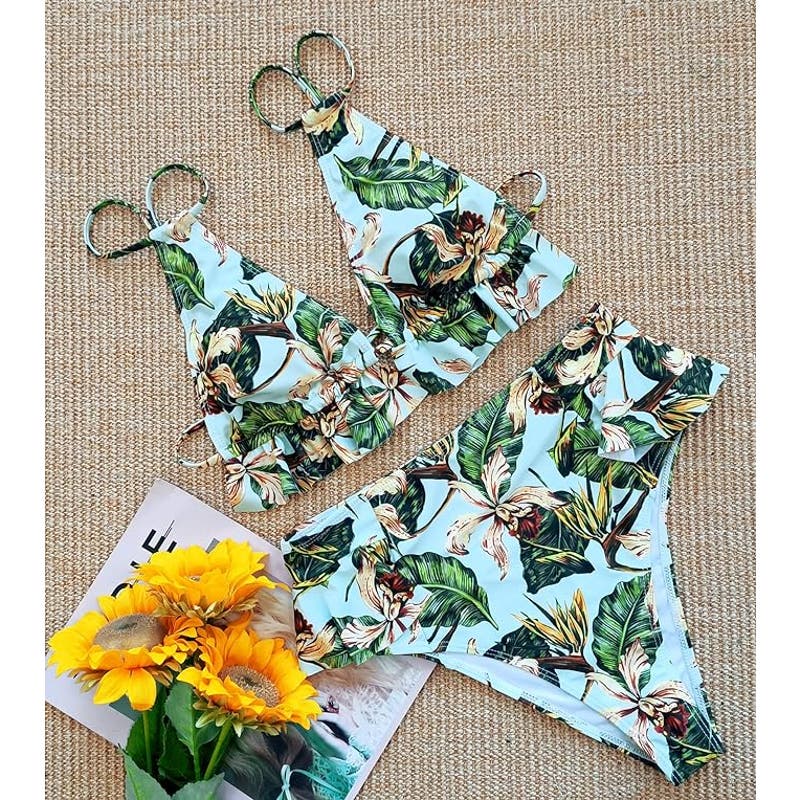 SPORLIKE Ruffle High Waisted Swimsuit Triangle Padded Top Bikini Floral Green M