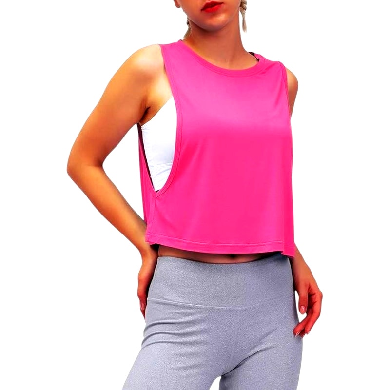 Mippo Mesh Back Workout Crop Tops Loose Fit Running Tank Tops, Fuchsia, XL