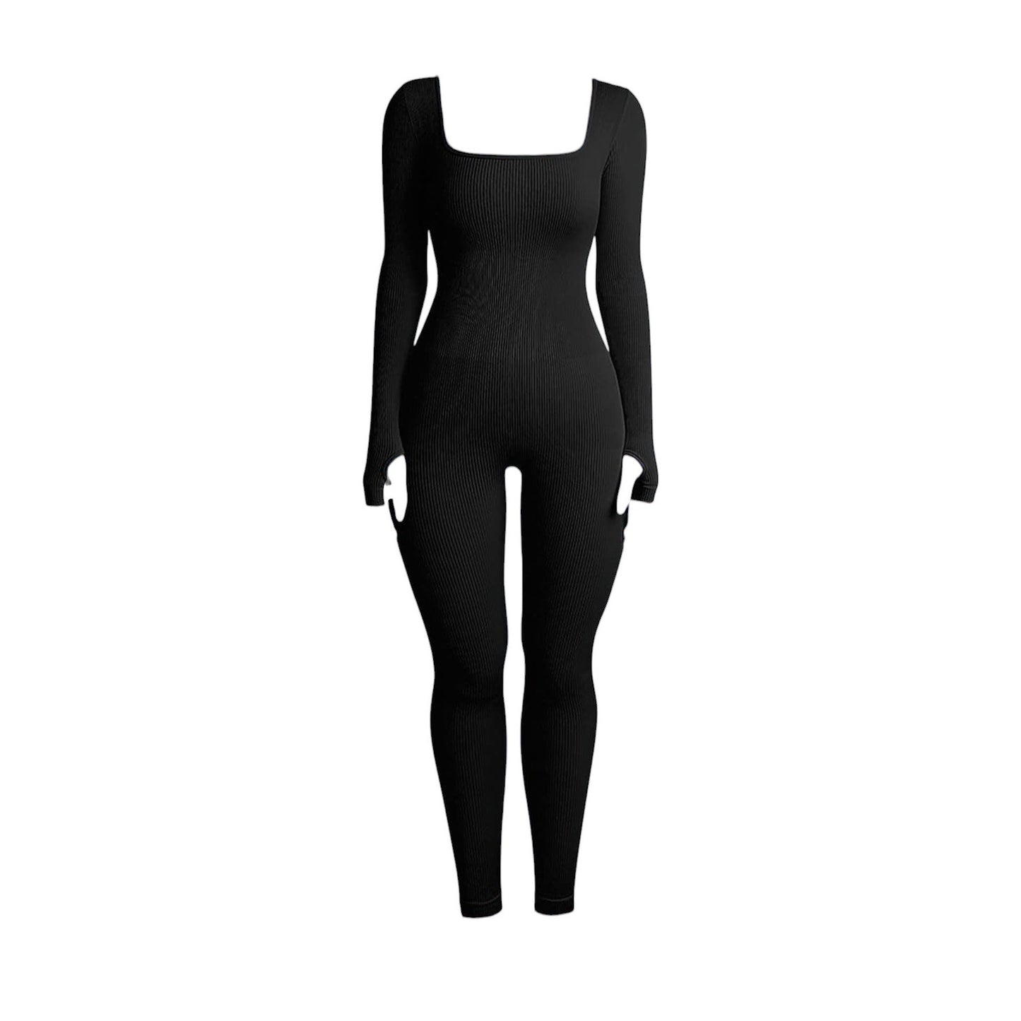 OEAK Womens Yoga Jumpsuit with Tummy Control Long Sleeve Unitard Casual Ribbed Rompers High Waisted One Piece Workout Bodycon Black M, NWT