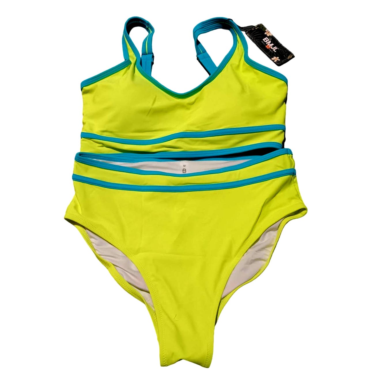 High Waisted Bikini Set, Two Piece, Color Block Cheeky High Cut, M, Neon Green