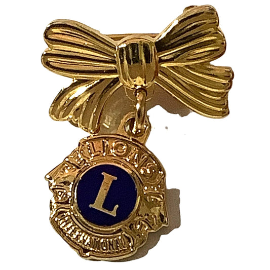 Lions Club International Ladies Gold Tone Bow w/ Hanging Lions Logo Emblem