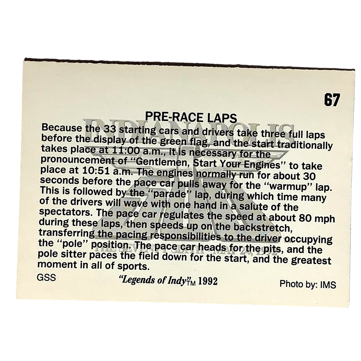 Pre-Race Laps at the Indy 500, 1992 Legends of Indy, Card No.67