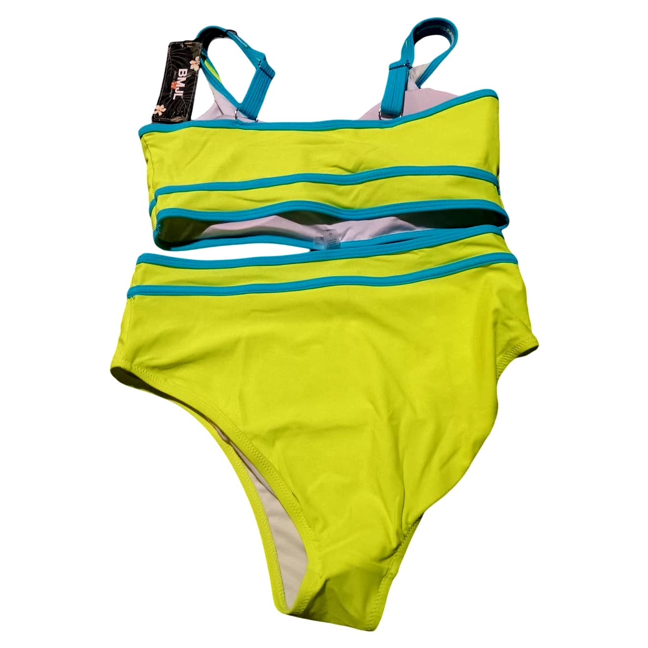 High Waisted Bikini Set, Two Piece, Color Block Cheeky High Cut, M, Neon Green