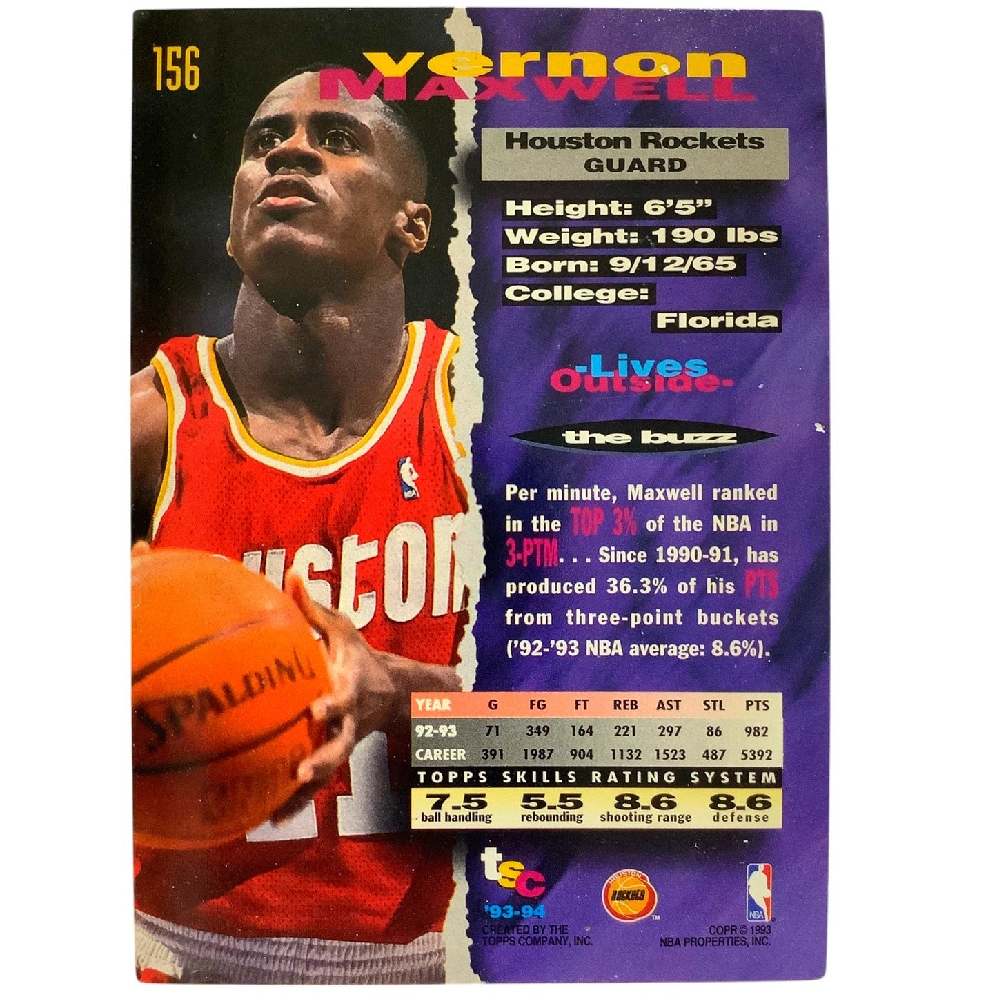 Vernon Maxwell, Rockets, 1993 Topps Stadium Club Collector's Card 156, EXC