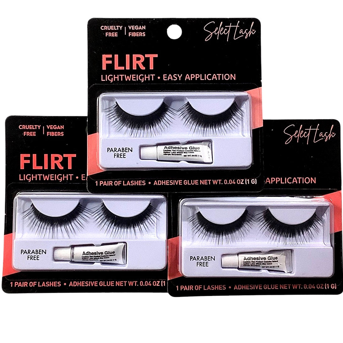 3-PK Select Lash, Flirt Eyelashes w/ Glue, Paraben & Cruelty Free, Vegan Fibers