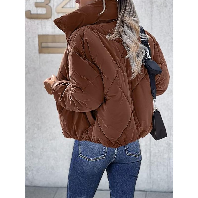 Women's L/S Stand Neck Puffer Coat Quilted Zip Baggy Down Jacket, Coffee, M